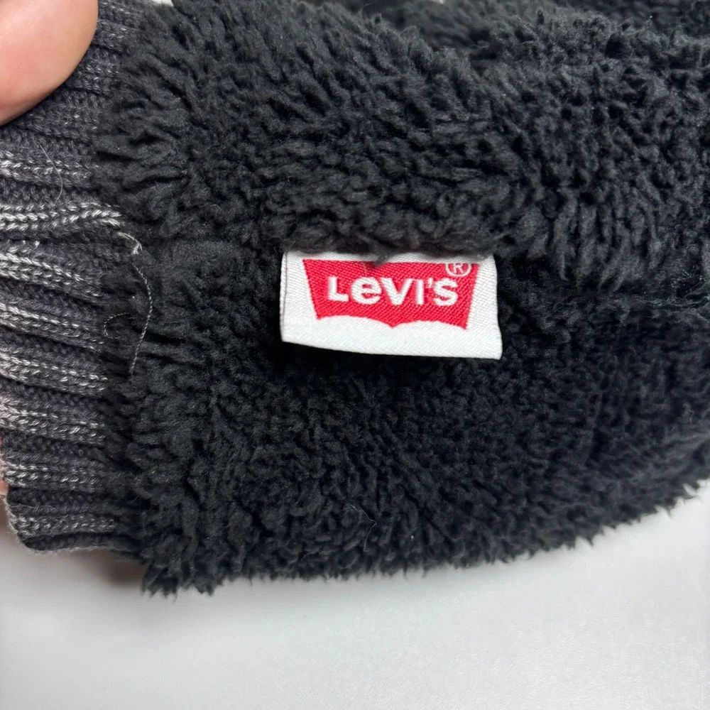 Levis Mens‎ Sherpa Lined Cuffed Knit Beanie Hat Charcoal Gray Black One Size OS